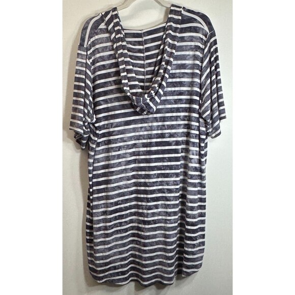 C &C California Dress 2X Blue/White Striped Tie Dye Hooded Beach Tunic Cover Up - Picture 3 of 7
